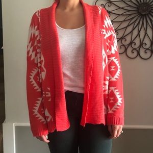 36 Point 5 Coral & White Aztec Open Cardigan